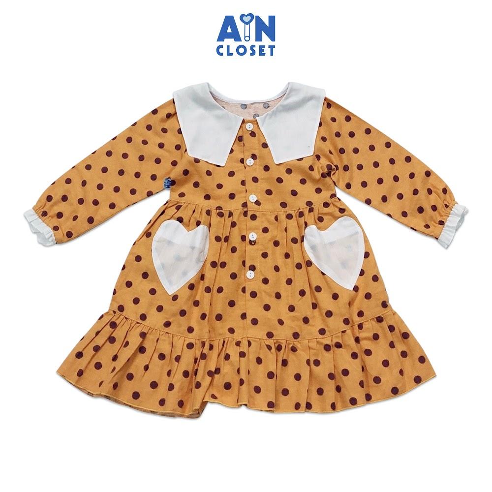 Đầm tay dài bé gái họa tiết Bi vàng cổ thủy thủ nền vàng thô trà bông - AICDBGEFKA2P - AIN Closet