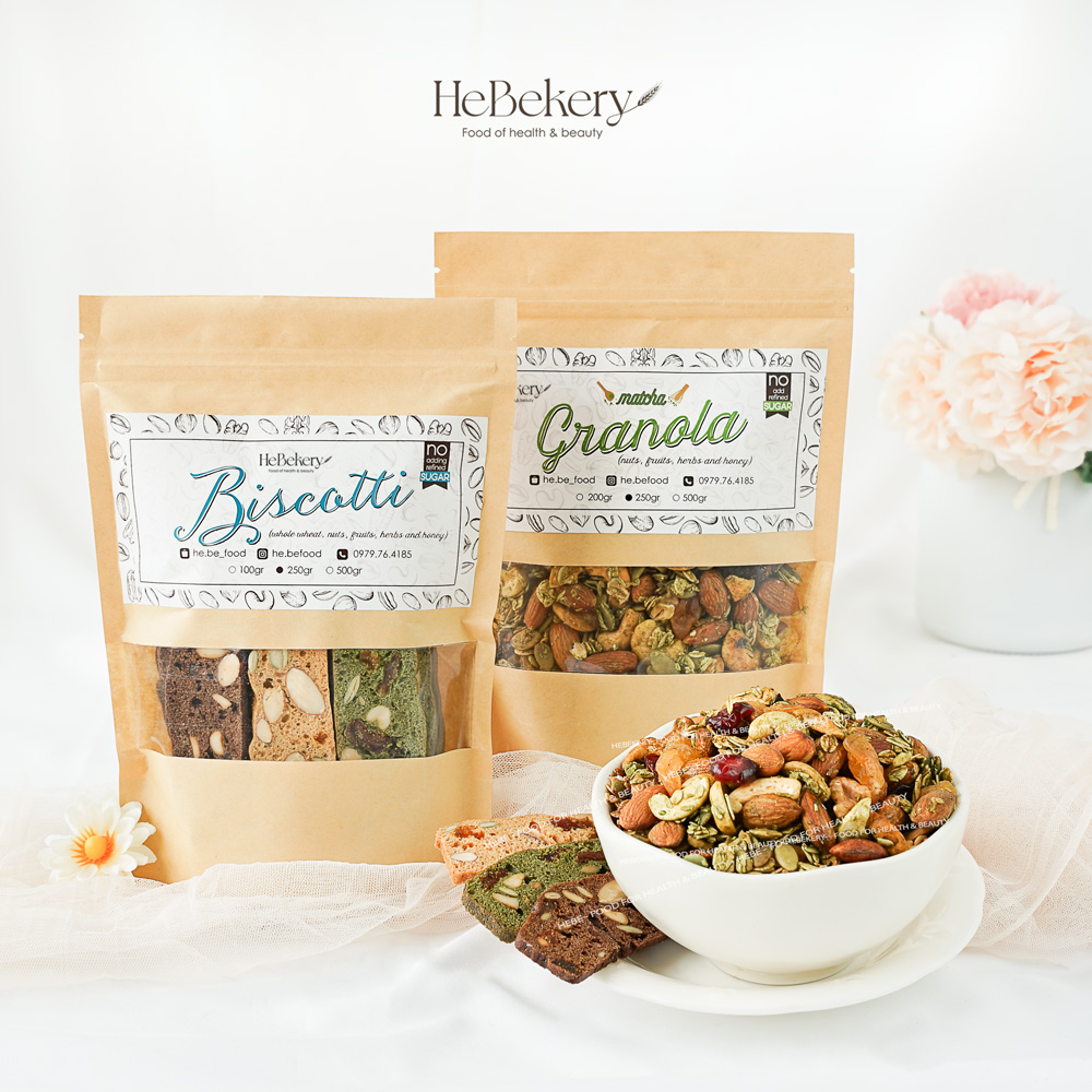 Combo 250g Granola + 250g Biscotti 3 Vị Ăn Kiêng Không Đường By HeBe