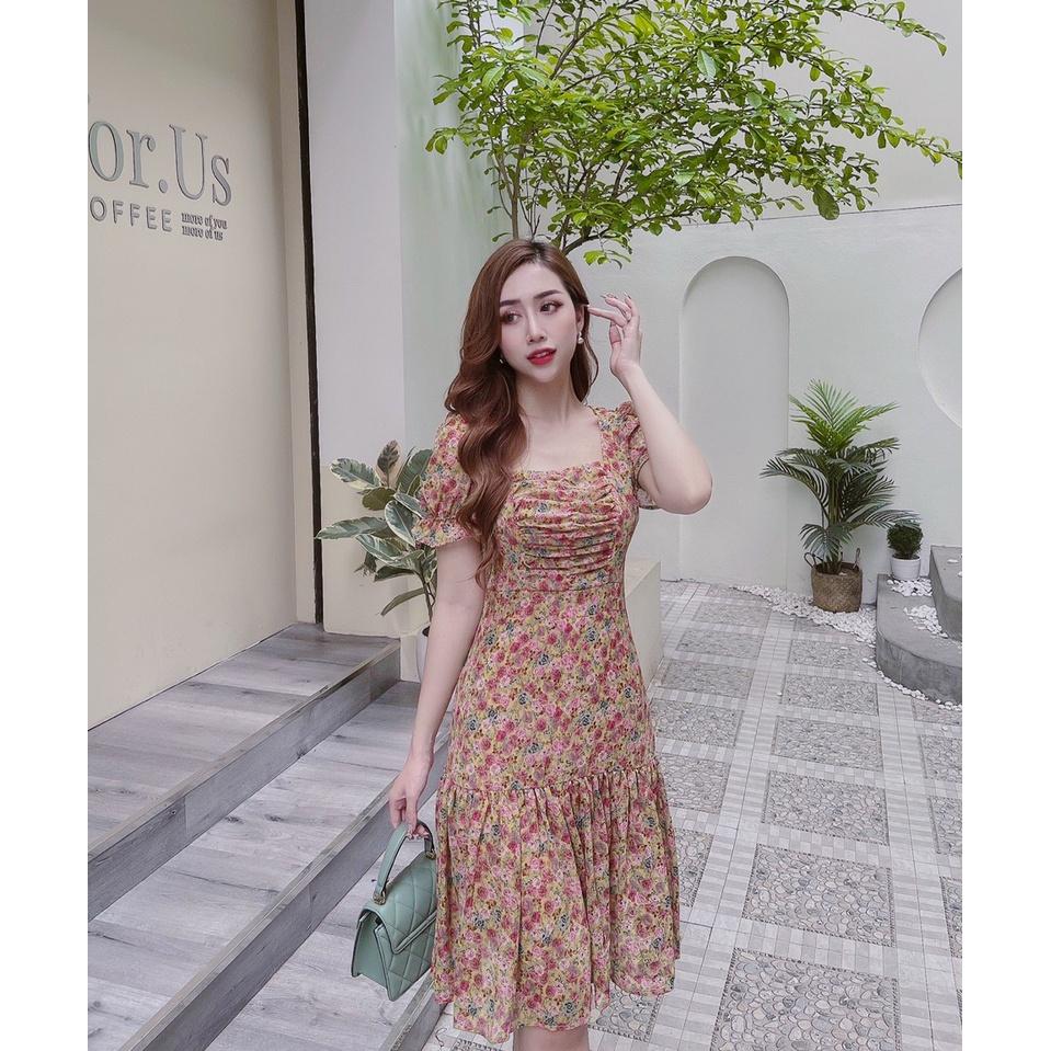 Váy voan hoa cổ vuông siêu xinh – đầm dự tiệc 2 lớp mẫu thiết kế VHV101