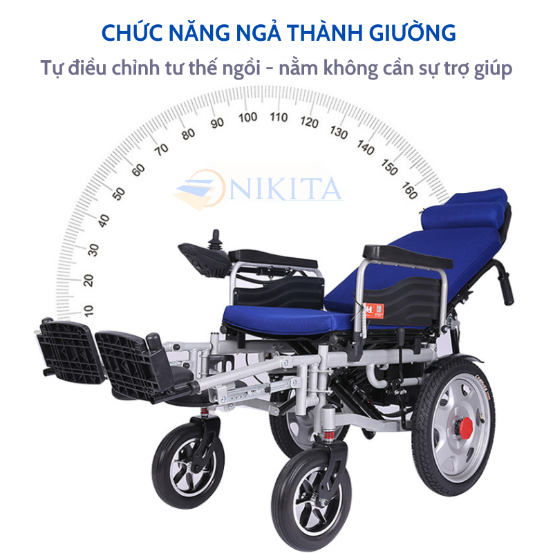 Xe lăn điện có chức năng ngả thành giường, dung lượng pin lớn, tay vịn đóng mở tự do, chống nghiêng, chống lật, chính hãng Nikita