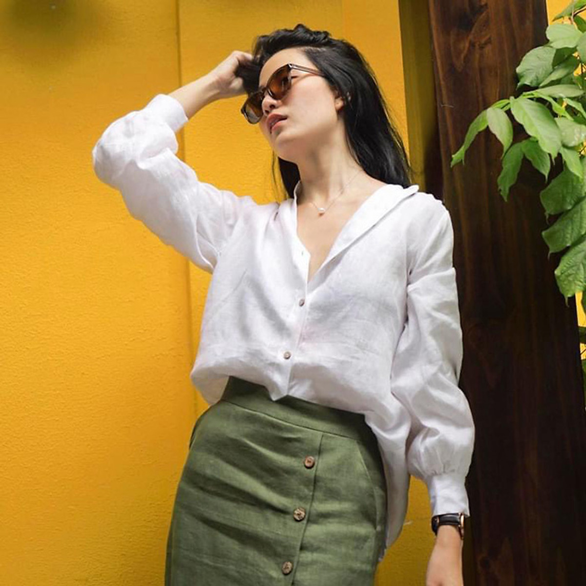 Áo sơ mi công sở nữ dài tay cổ tầu Linen tưng Premium sang trọng trẻ trung - Trắng