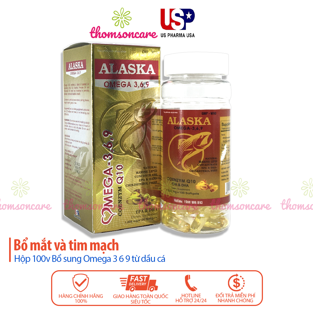Dầu cá Alaska Omega 3 6 9 Hộp 100 viên - Bổ sung Omega369, DHA EPA, có thêm dầu hoa anh thảo và coenzym q10 - Bổ mắt và tim mạch