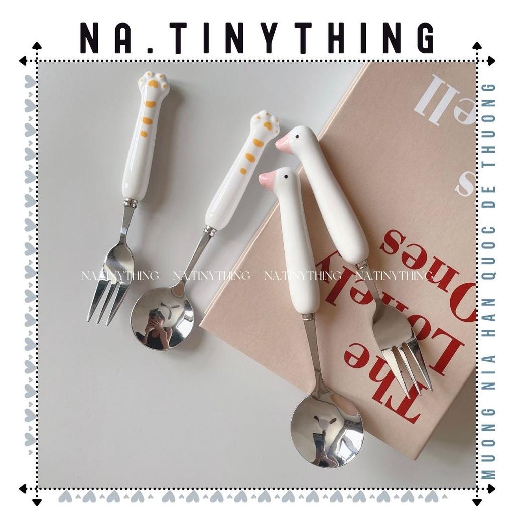 Muỗng nĩa inox 304 tay cầm bằng sứ phong cách hoạt hình dễ thương Hàn Quốc NA0066