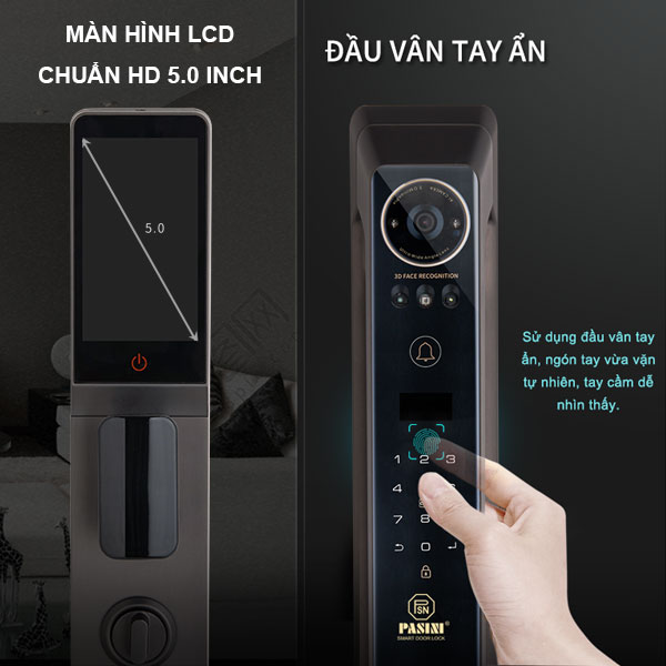 Khóa điện tử thông minh khóa nhận diện khuôn mặt PASINI PS02CG60A (Đen) PS03CS60A (Bạc) với 7 phương thức mở khóa nhận diện khuôn mặt, vân tay, thẻ từ, mật khẩu