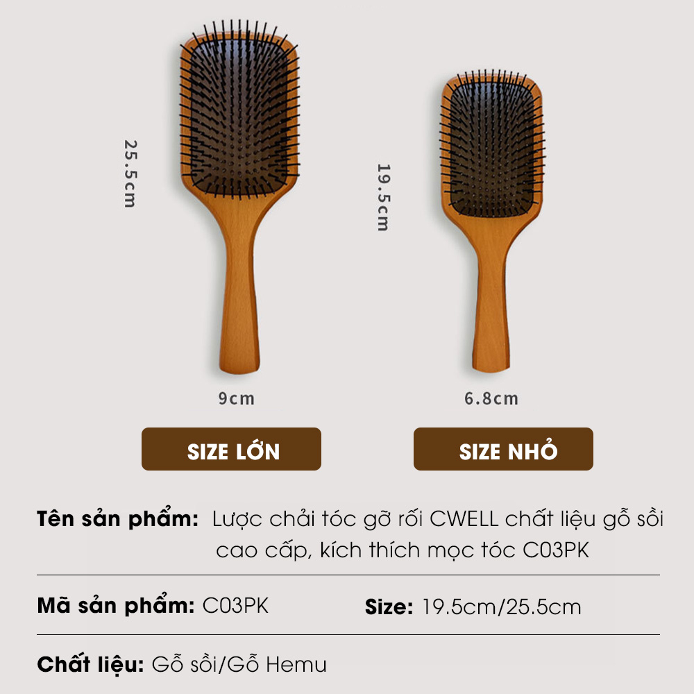 Lược chải tóc, lược gỡ rối CWELL chất liệu gỗ sồi cao cấp, lược massage đầu có đệm khí thư giãn, đủ size C03PK