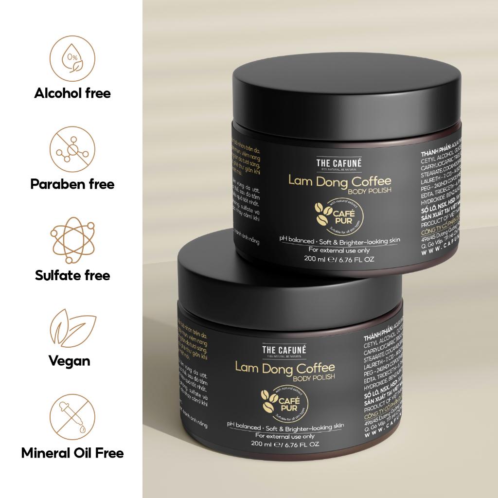 Tẩy Tế Bào Chết Lâm Đồng Coffee Body Polish The Cafuné tẩy da chết body, da mền mịn, trắng sáng mờ thâm 200ml