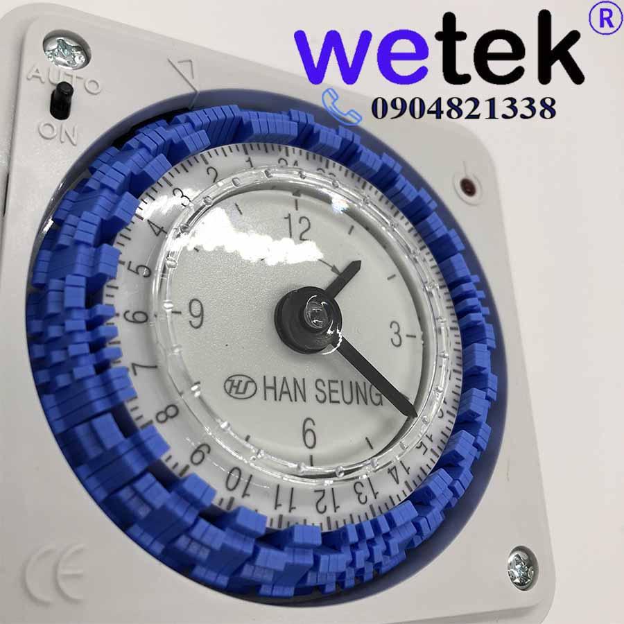 Timer 24h Hanseung, loại cơ, HTS 24 BB, có pin tự sạc, cài theo 10 phút, Hàn Quốc, cặp tiếp điểm ra 16A, 110Vac~220Vac