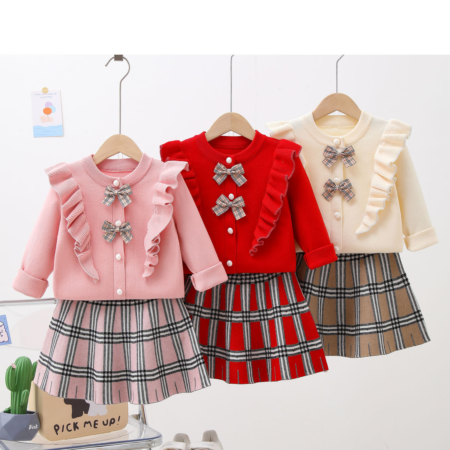 Set váy len bé gái. Đầm len cho bé 2-8 tuổi rời cổ bèo 2 nơ kẹp đanh sợi mềm mịn hàng Quảng Châu cao cấp