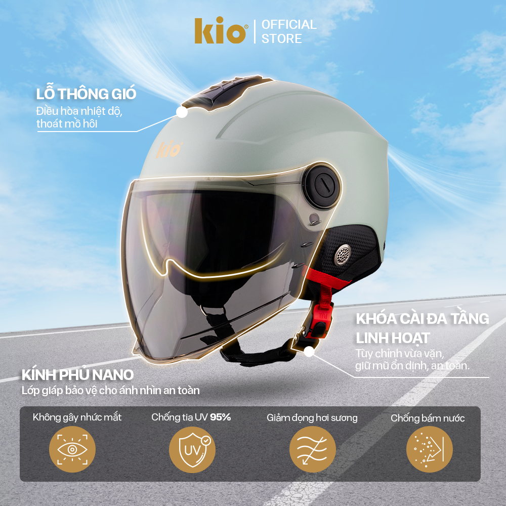 Mũ Bảo Hiểm Nửa Đầu Kio SafeStyle Metro KN12K, 2 Kính Phủ Nano Chống Tia UV, Lớp Lót Kháng Khuẩn - Trắng xà cừ (bóng)