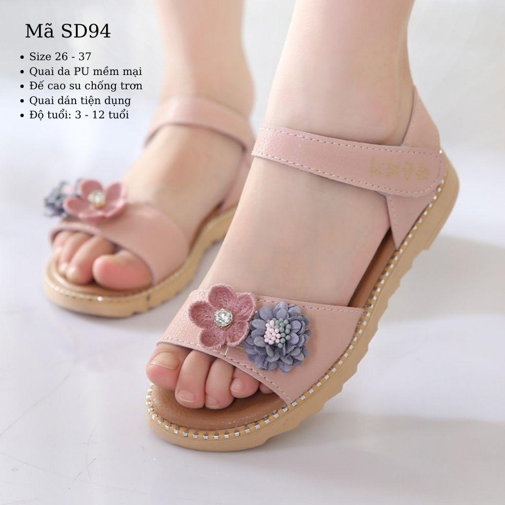 Sandal bé gái SD94 - dép quai hậu bé gái 3 - 12 tuổi da mềm quai ngang gắn hoa đế chống trơn thời trang phong cách Hàn