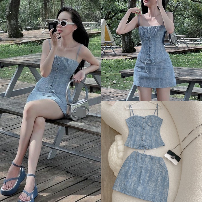 ĐẦM SET ÁO CROPTOP 2 DÂY ĐAN CHÉO ÔM BODY + CHÂN VÁY CHỮ A NGẮN LƯNG CAO SUÔNG JEANS DENIM ĐI CHƠI ĐI TIỆC DẠO PHỐ ĐI BIỂN