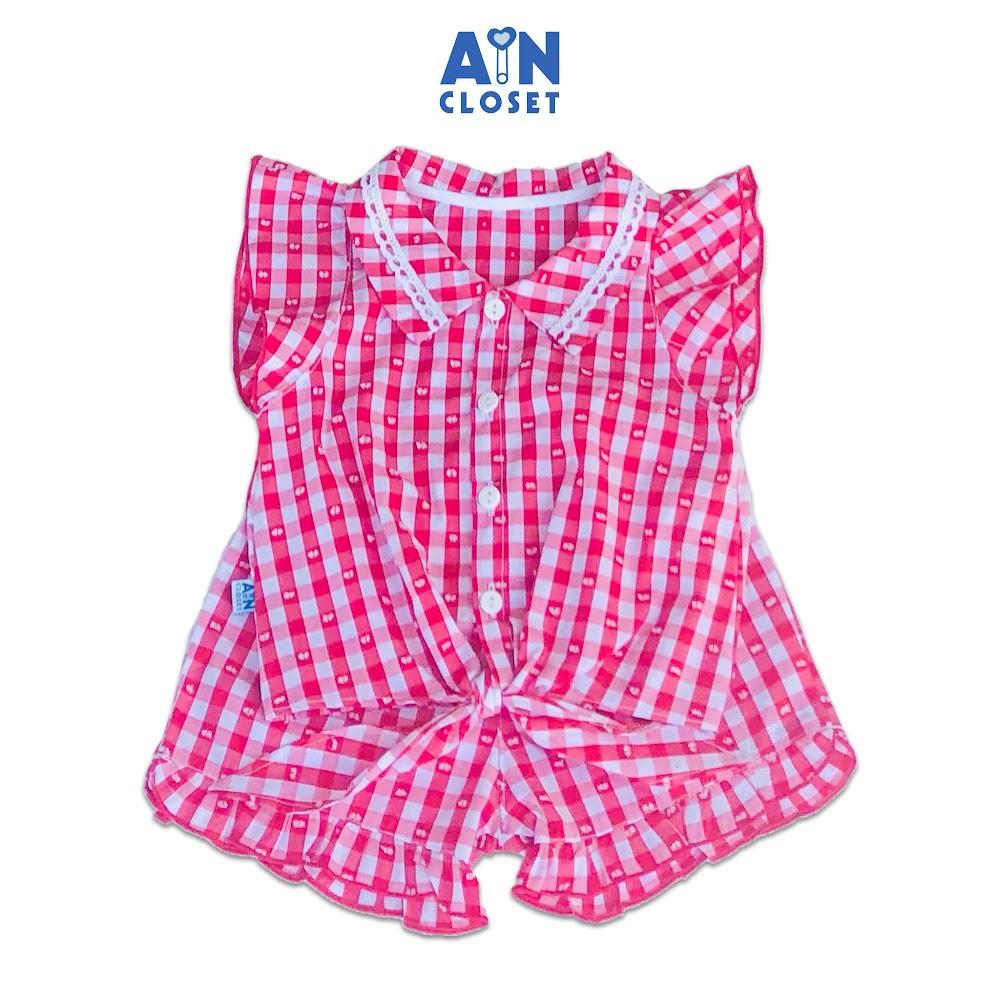 Bộ quần áo ngắn Bé gái họa tiết Caro đỏ nơ cotton - AICDBGLX52KD - AIN Closet