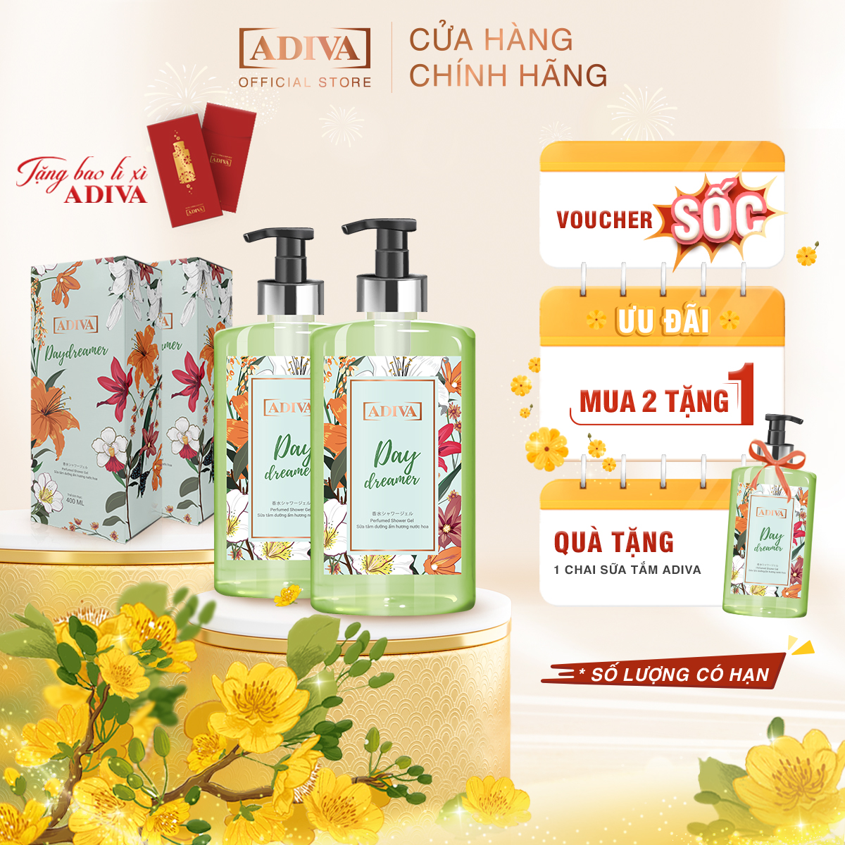 2 Hộp Sữa Tắm Dưỡng Ẩm Hương Nước Hoa ADIVA Day Dreamer 400ml Tặng 1 chai cùng loại