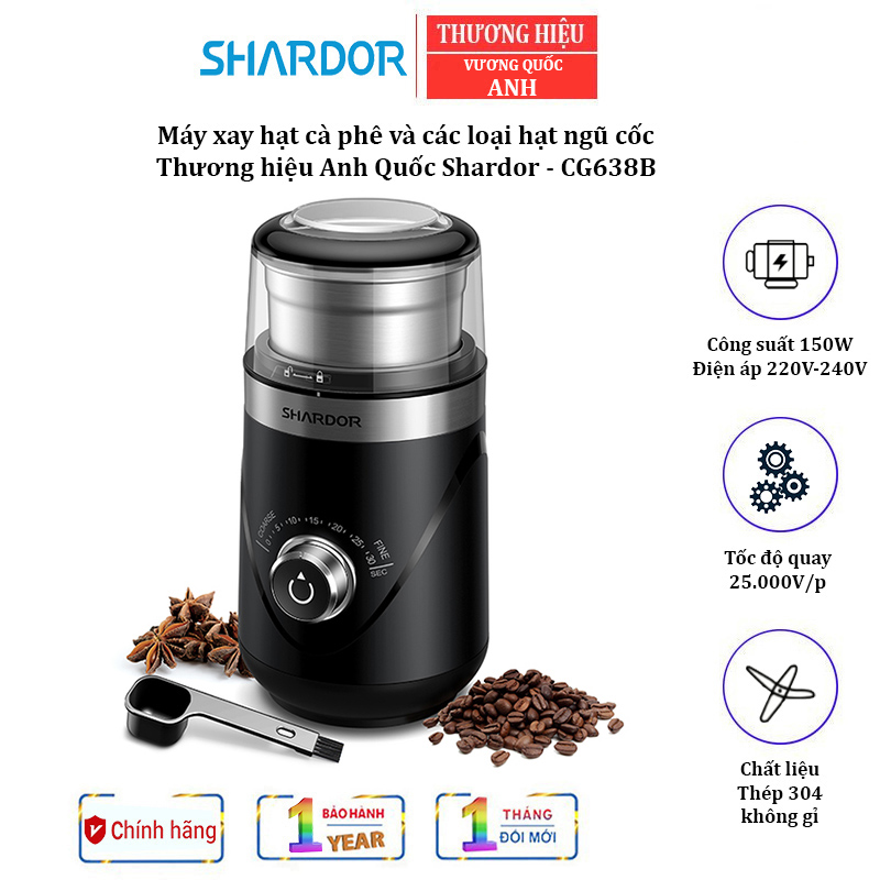 Máy xay hạt cà phê và các loại hạt ngũ cốc Shardor CG638B Cối 2 lưỡi xay, Công suất: 150W - Hàng Chính Hãng