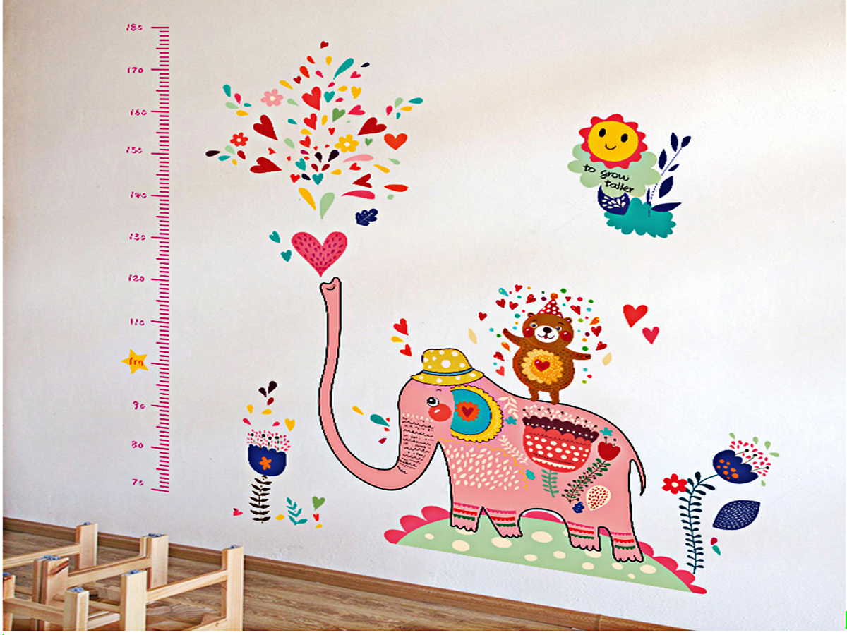 Decal dán tường thước đo chiều cao cho bé thước đo voi hồng ngộ nghĩnh sk9036