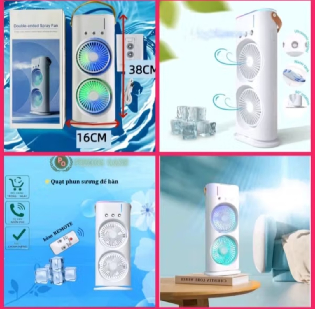 1 QUẠT GIÓ PHUN SƯƠNG 2 TẦNG GIÓ SIÊU MÁT LẠNH QUẠT SẠC PIN CÓ ĐIỀU KHIỂN TỪ XA