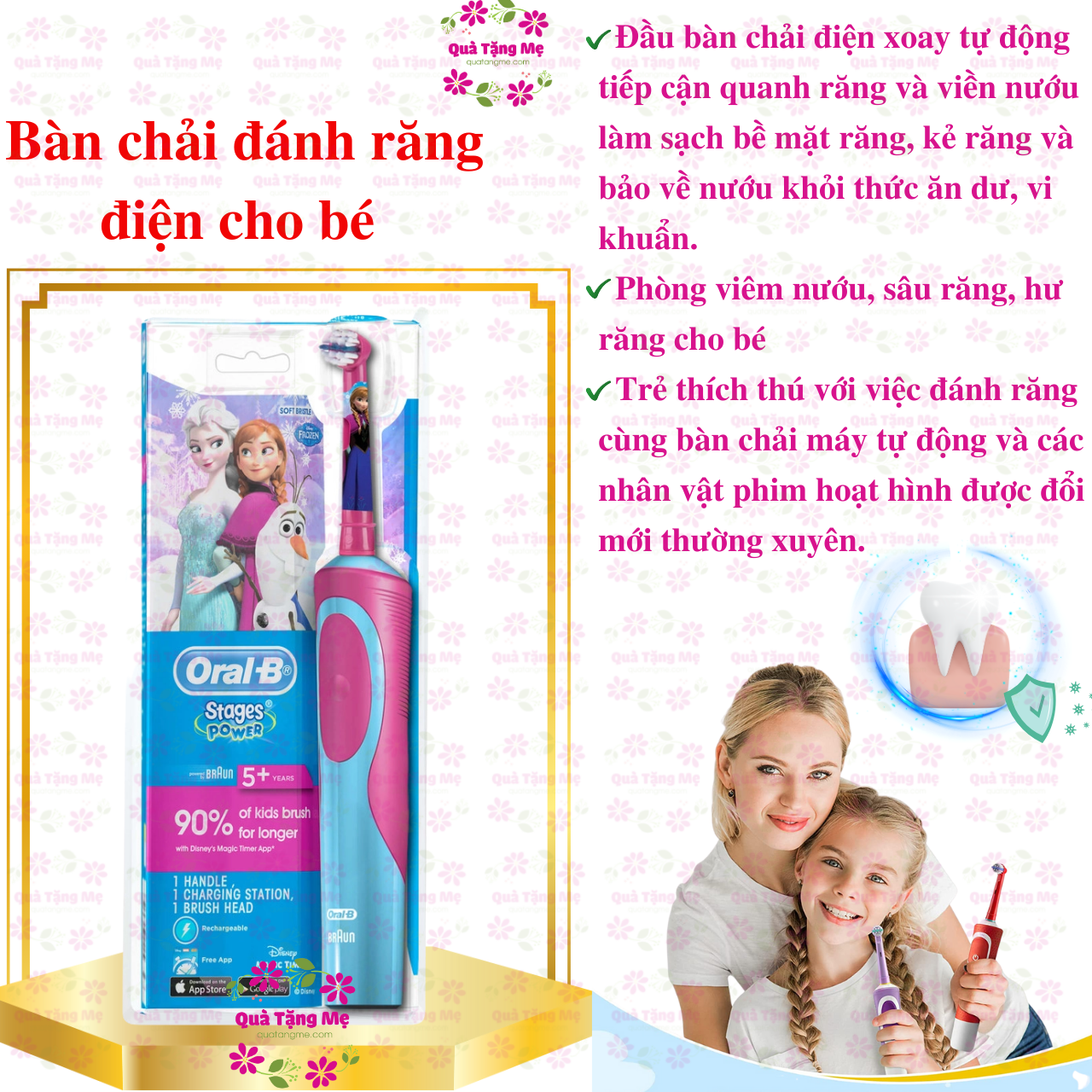 Bàn chải điện cho bé, đầu bàn chải oral b - Làm sạch răng, phòng sâu, sạch sẽ bề mặt răng, kẻ răng, đường viền nướu - QuaTangMe Extaste