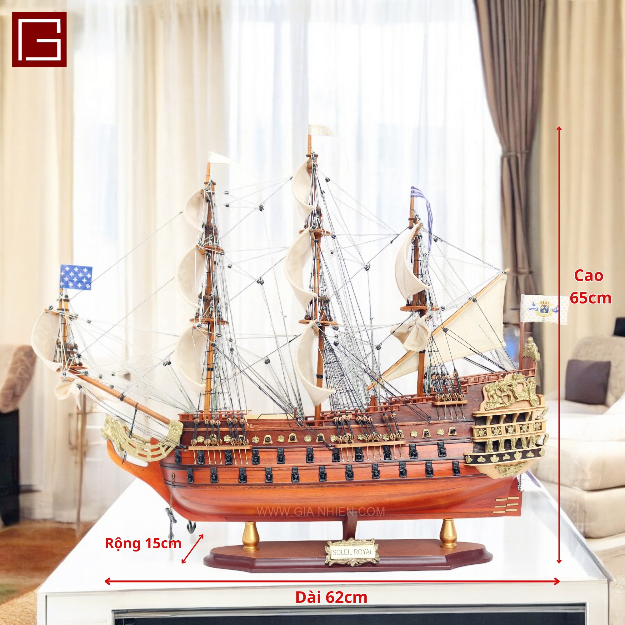 Thuyền gỗ Soleil Royal, mô hình thuyền gỗ phong thủy gỗ tràm nhiều kích thước, hàng thủ công chính hãng