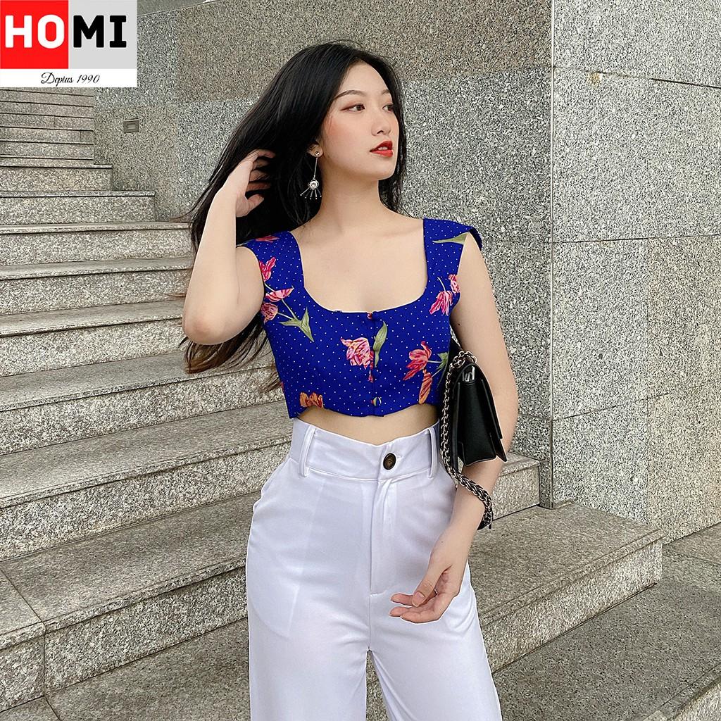 ÁO CROPTOP CÓ VAI HỌA TIẾT HOA,CỔ VUÔNG CỰC TÂY, MÀU XANH, HOMI FASHION