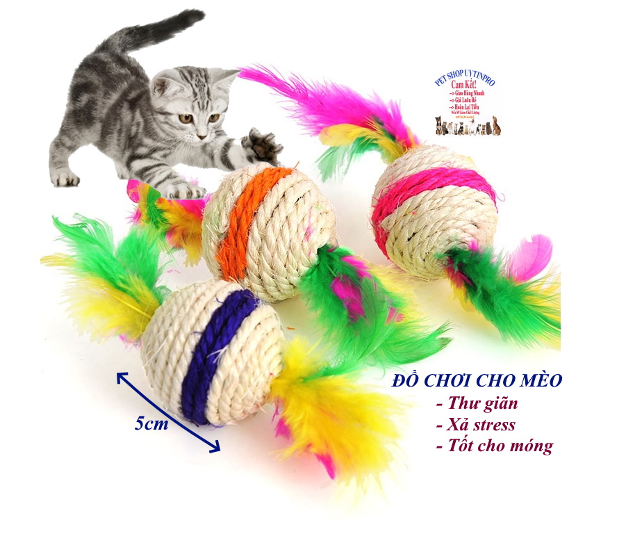 Đồ chơi cho Mèo Hình bóng bện thừng 5cm Kèm lông vũ Giúp thú cưng thư giãn, xả stress, giữ móng khỏe mạnh