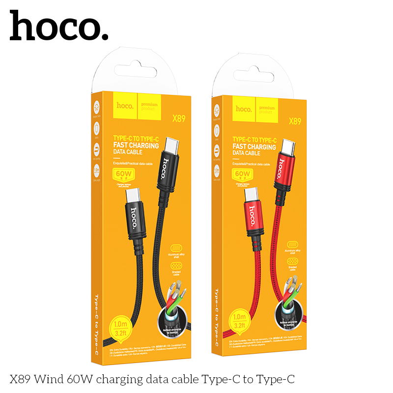 Dây cáp sạc nhanh Hoco X89 Type-C to Type-C PD60W truyền dữ liệu, dây bọc dù chống đứt 1M hàng chính hãng Hoco Mall