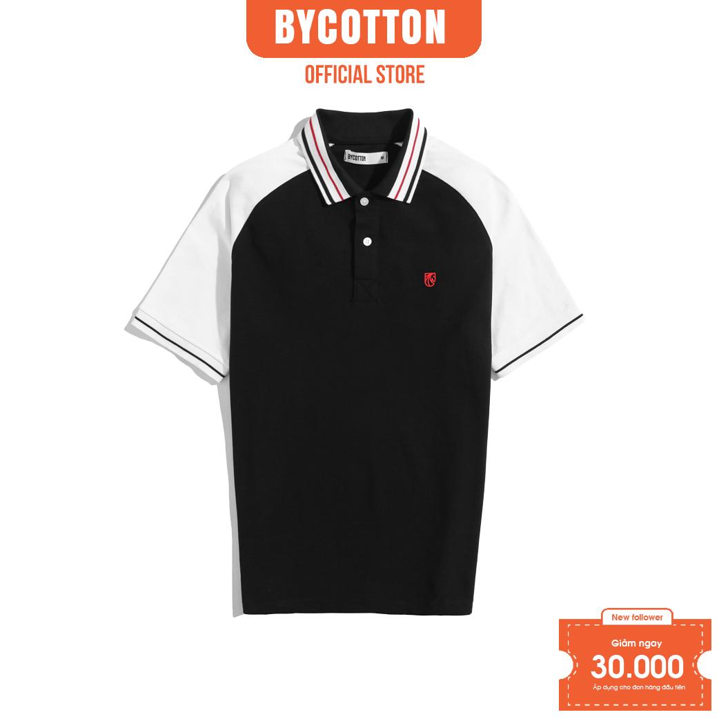 Áo Polo Nam Cao Cấp Có Cổ BY COTTON Raglan Đen Tay Trắng Phối Bo Nam Tính, Thanh Lịch, Sang Trọng, Trẻ Trung