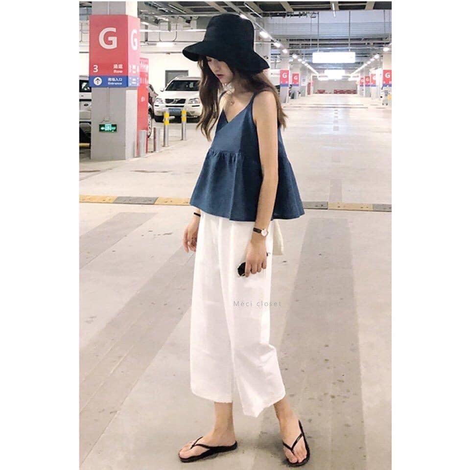 Quần ống rộng nữ, quần culottes nữ chất đũi chun lưng cúc khóa dáng lỡ