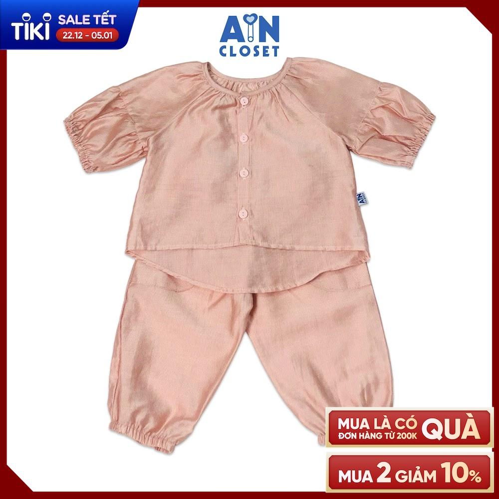 Bộ quần dài áo tay lỡ bé gái họa tiết Kẻ chỉ hồng bóng cotton - AICDBGF1JWHH - AIN Closet