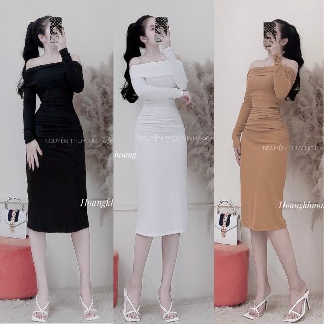 Đầm body nữ dáng dài, tay dài trễ vai, ôm dáng sexy, chất liệu len co giãn- December Fashion
