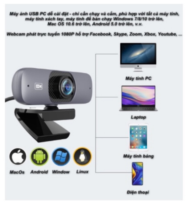 Webcam UHD 2K Kèm Micro, Xoay 360 Độ, Góc nhìn siêu rộng 130°, Phù Hợp Hội Nghị Học Online