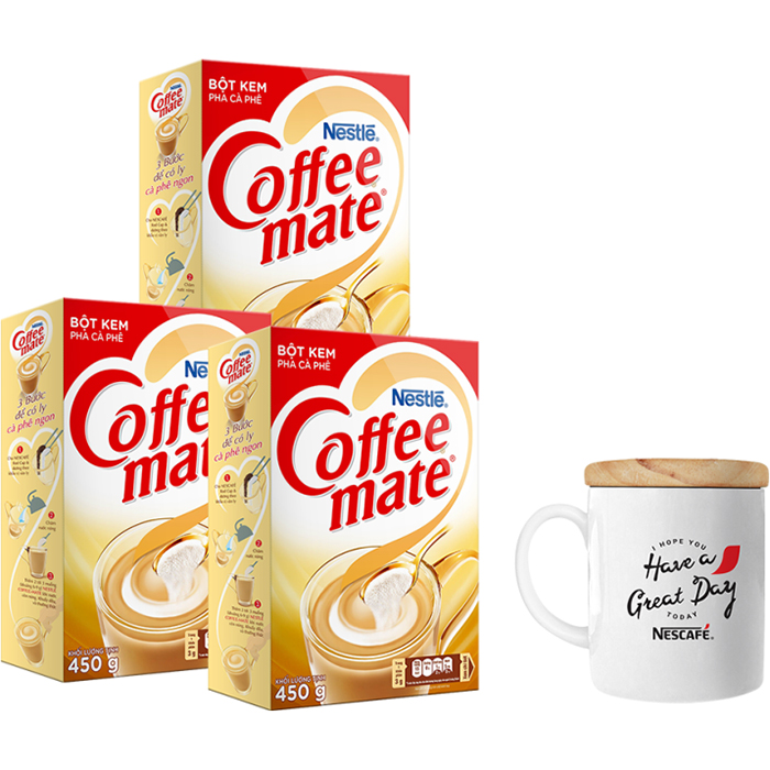 Combo 3 Hộp Bột Kem Pha Café Coffee Mate (Hộp 450g) - Tặng 1 Ly Sứ Nắp Gỗ