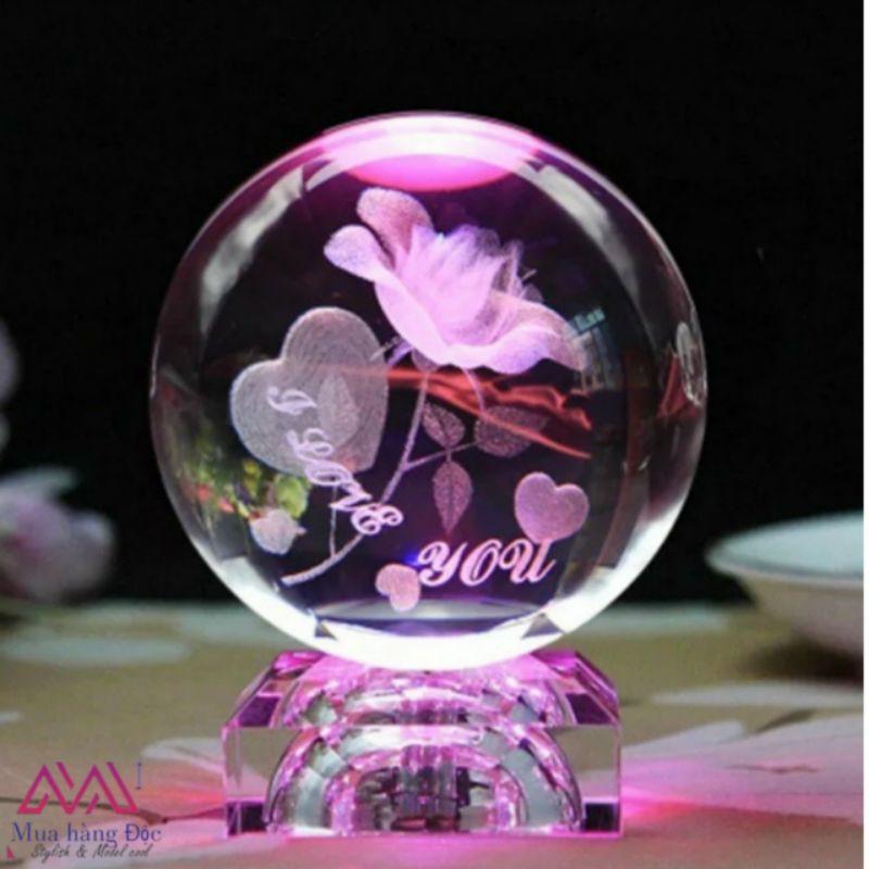 Quà tặng pha lê Bộ Quả Cầu khắc 3D hoa hồng I Love You led