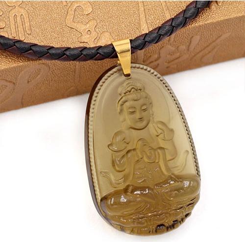 Dây chuyền mặt phật Đại Nhật Như Lai thạch anh khói 5cm + dây da - phật bản mệnh tuổi Mùi, tuổi Thân