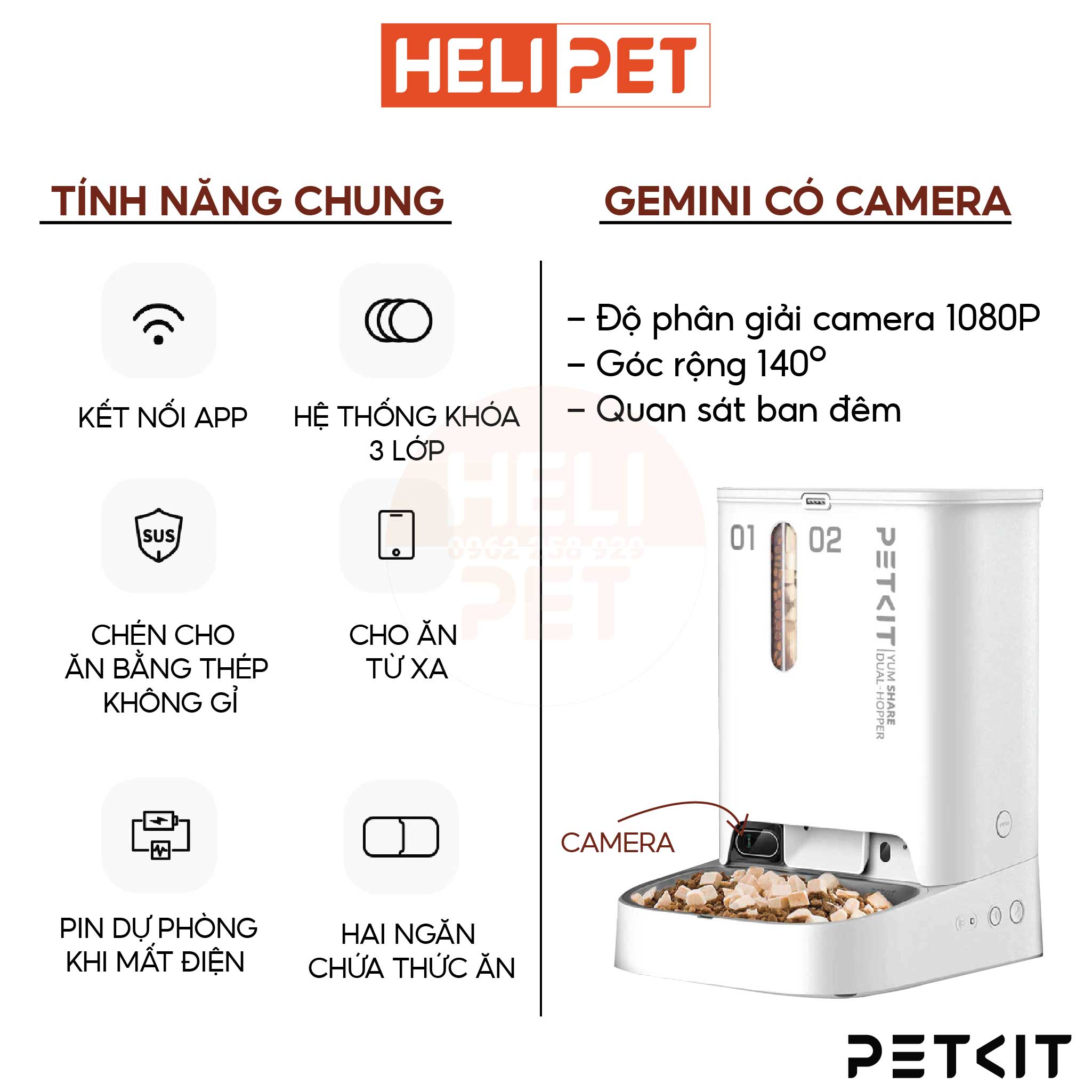 Máy Nhả Hạt Tự Động Cho Chó Mèo PETKIT Gemini YumShare Camera Có Hai Ngăn Dung Tích 5 Lít- HeLiPet