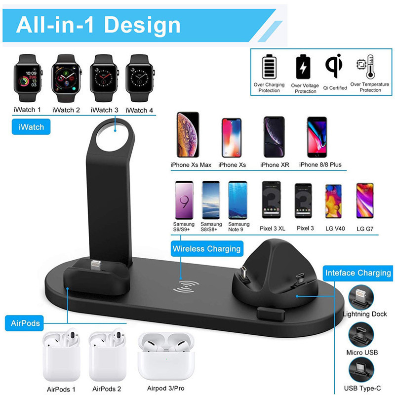 Sạc không dây cho nhiều thiết bị đồng hồ thông minh, điện thoại, dành cho Airpod với nhiều loại đầu sạc khác nhau