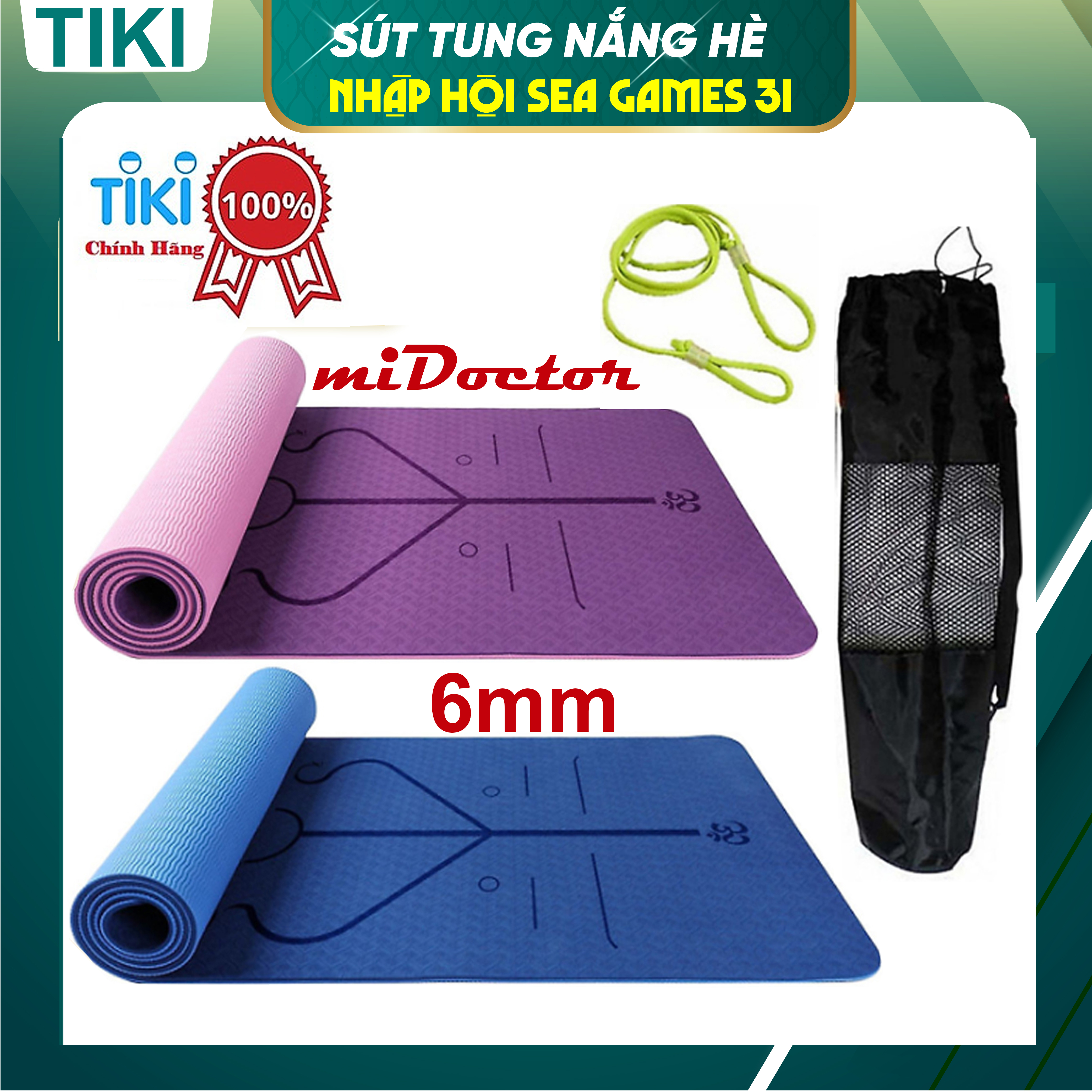 Thảm Yoga Định Tuyến 2 Lớp 6mm miDoctor + Bao Đựng Thảm Yoga Định Tuyến + Dây Buộc (Màu Ngẫu Nhiên)