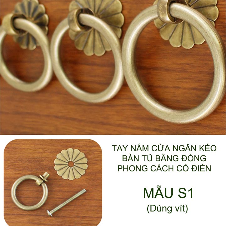 01 Tay nắm ngăn kéo bàn, cánh tủ phong cách cổ điển Vintage, làm bằng đồng, mẫu S1