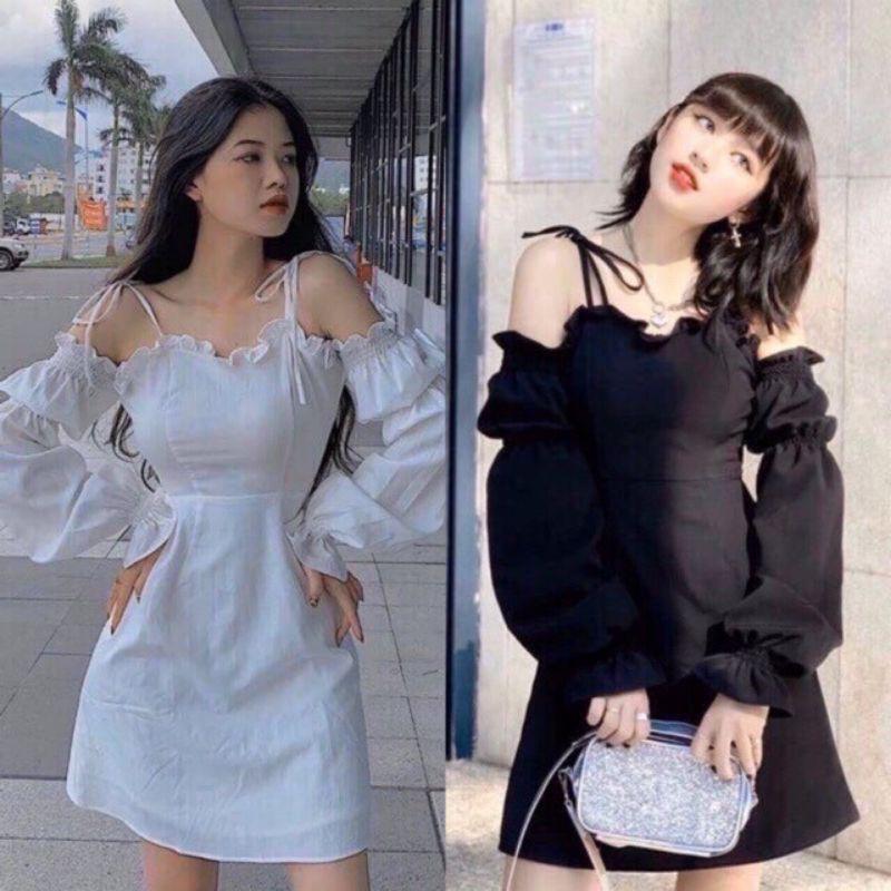 Đầm xòe hai dây buộc nơ vai tay dài dễ thương