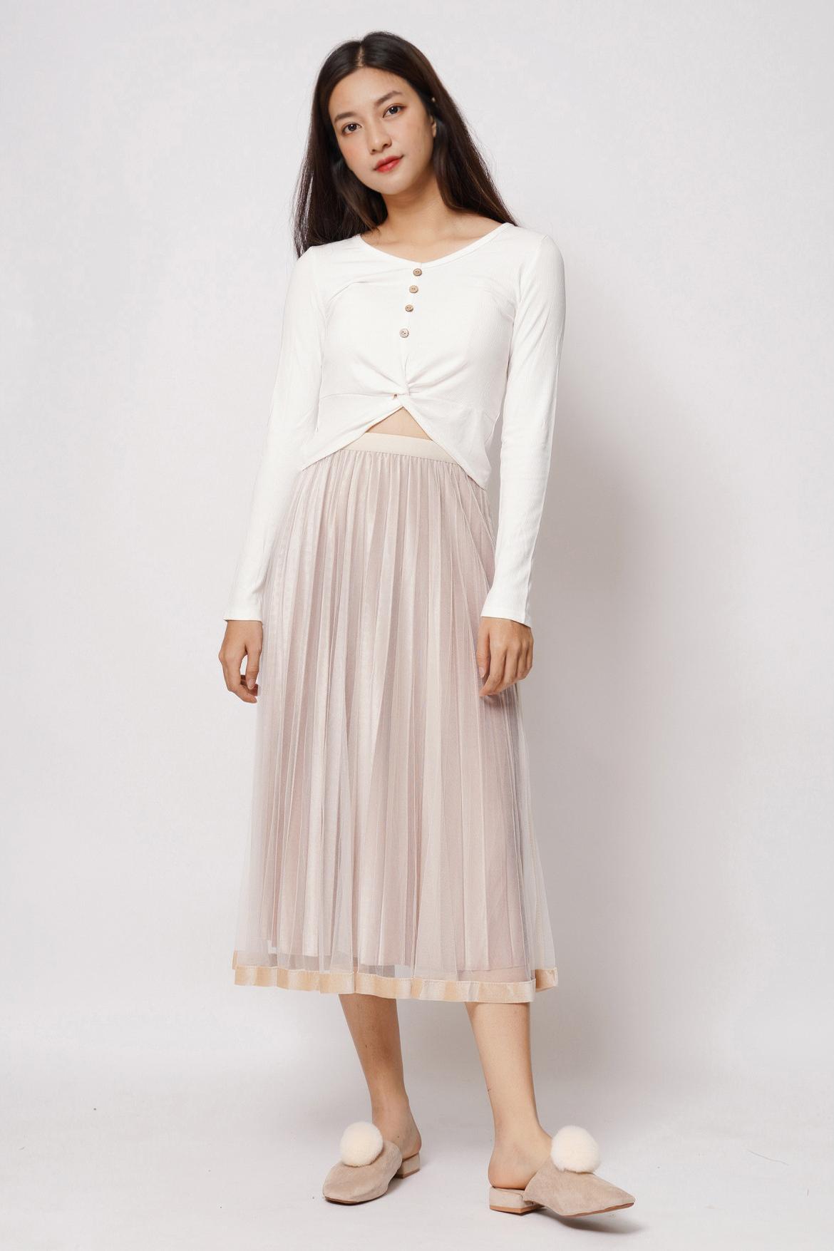 Chân váy dài xòe, xếp ly, pha voan 2 lớp, cạp chun