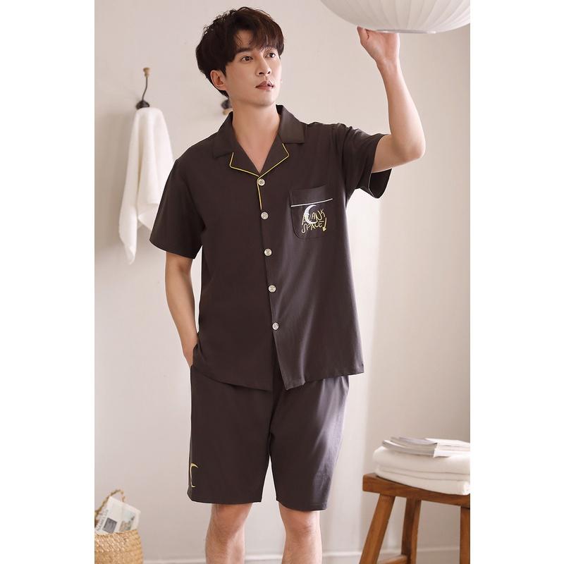Bộ Pijama cộc tay quần đùi nam chất cotton 100% thoáng mát, tông màu tối gọn dáng, size L-3XL