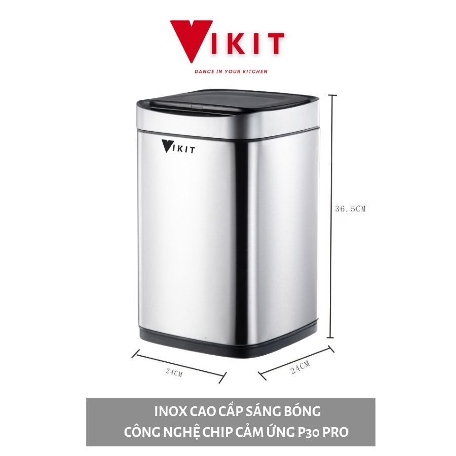 Thùng rác cảm ứng thông minh loại inox cao cấp Vikit RCU01 - Inox bạc