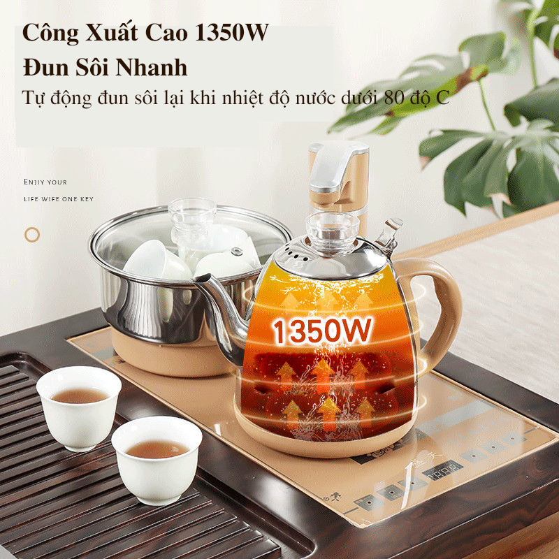 [Còn hàng] Bàn trà điện thông minh giá rẻ mẫu gỗ sồi sơn PU đen - Gồm đầy đủ bàn, bộ bếp pha trà, cùng ấm chén màu nâu đất.