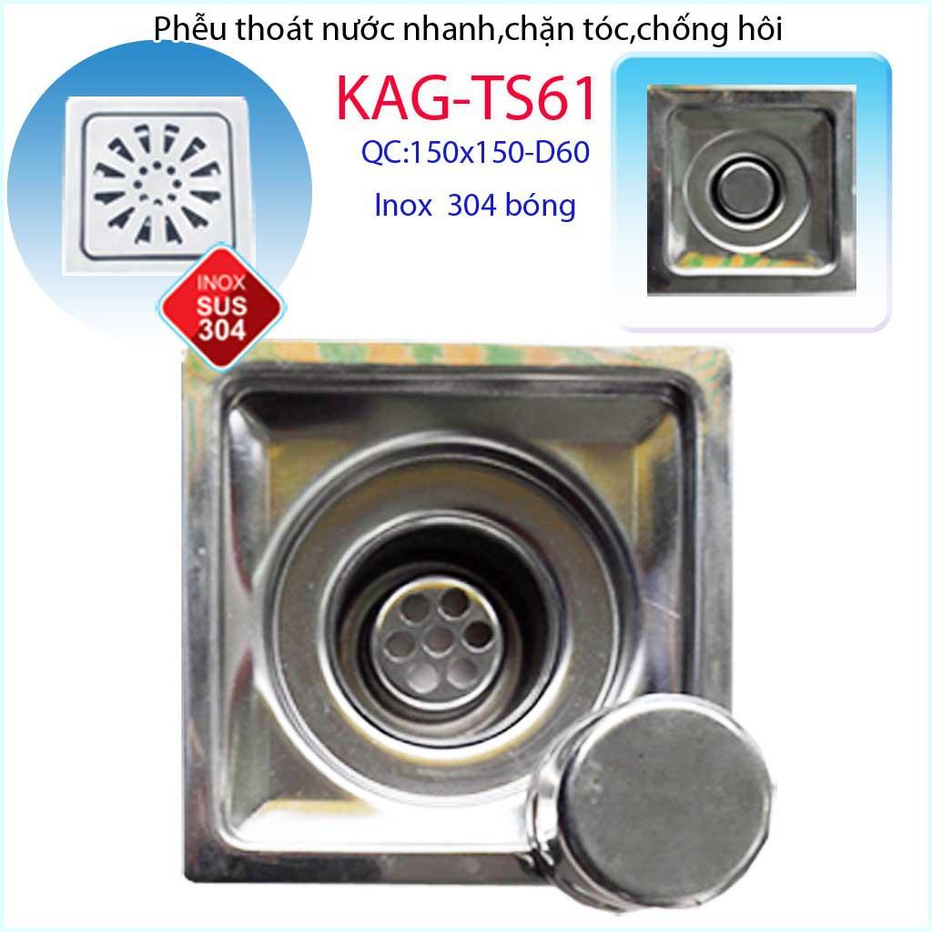 Phễu thoát sàn 15x15cm KAG-TS61 (D6cm) chống mùi hôi inox 304, hố ga thoát sàn 15x15cm cho ống D60mm mặt hoa cúc