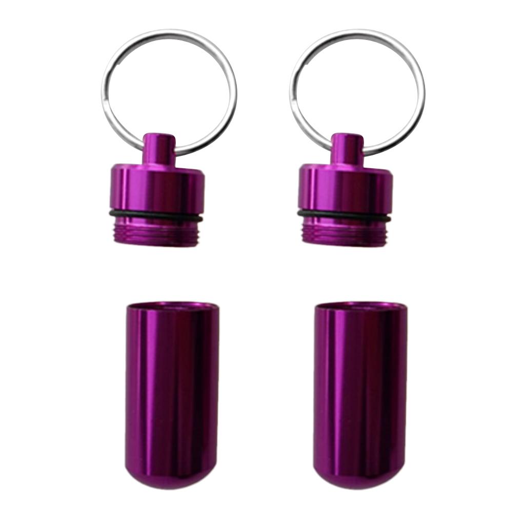2 Pieces Waterproof Aluminium Pill Storage Box Case Keychain Keyring Purple