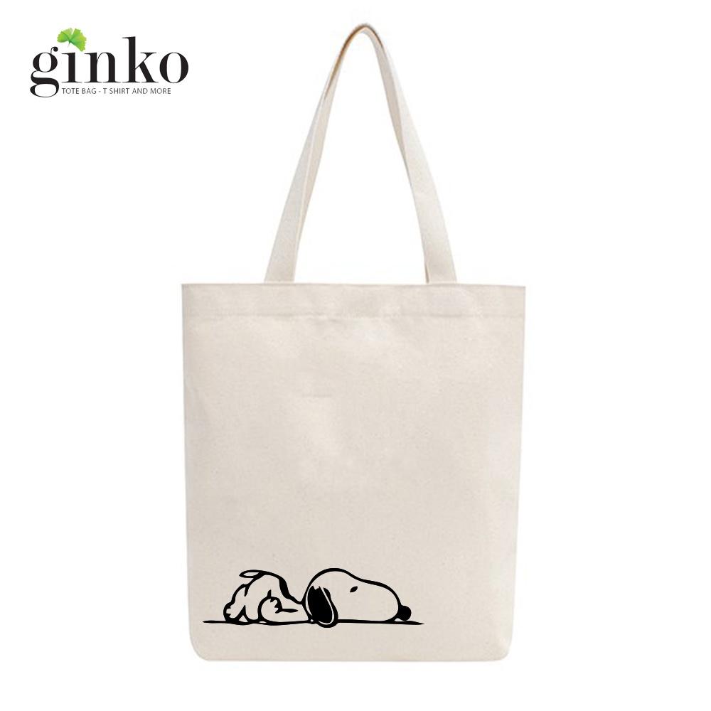 Túi Tote Vải Mộc GINKO basic có dây kéo khóa miệng túi đựng vừa laptop 14 inch và nhiều đồ dùng khác In Hình Snoopy and Friends M97