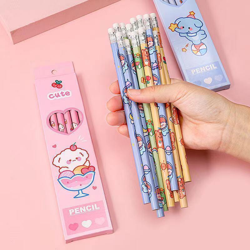 Set 6 bút chì chuốt HB cao cấp bằng gỗ kèm hộp nhiều chủ đề hoạt hình ngộ nghĩnh thích hợp làm quà cho bé