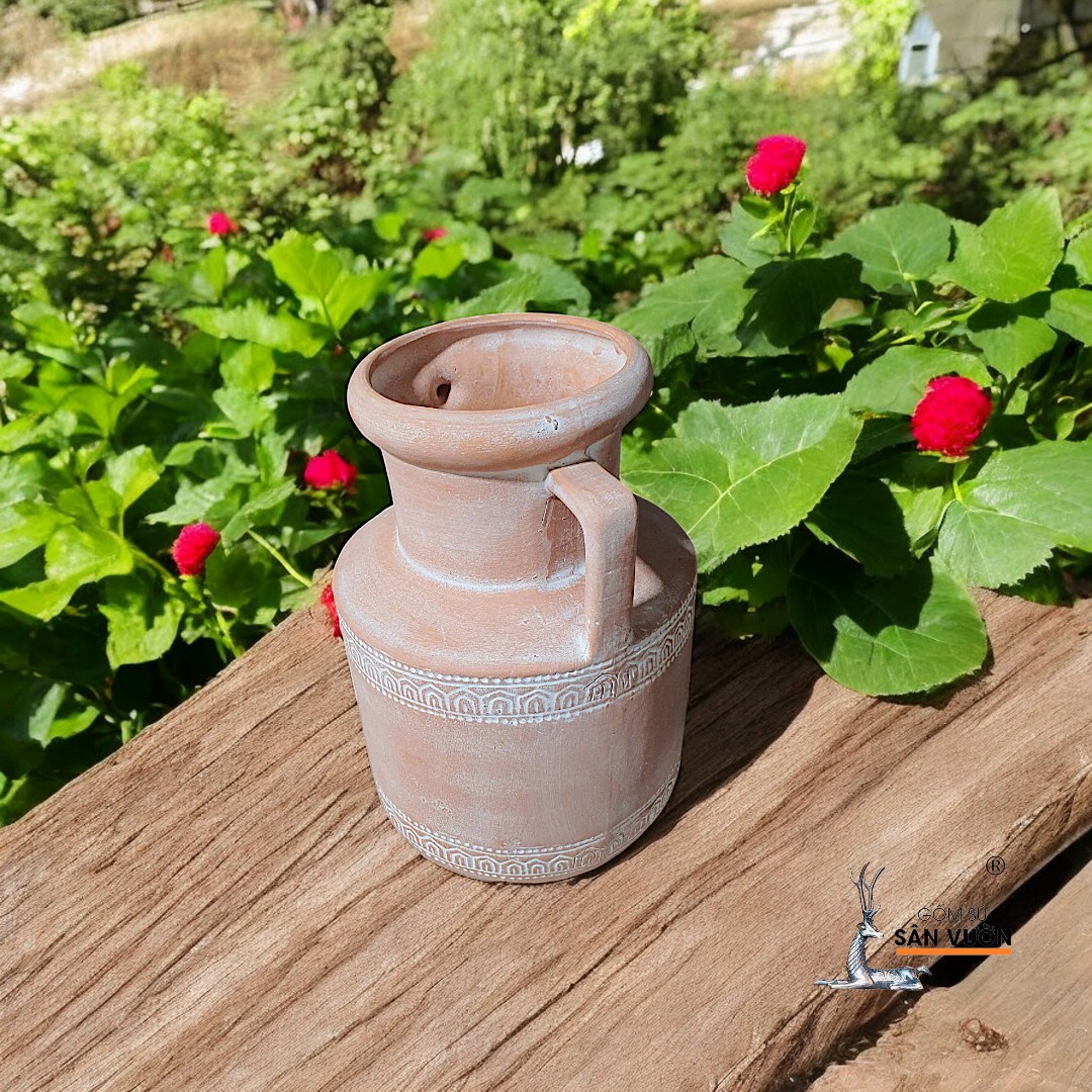 Bình Gốm Hai Quai Hoa Văn Thổ Cẩm R10xH6cm