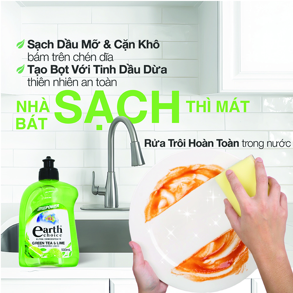 Nước rửa chén đậm đặc Earth Choice hương chanh trà xanh 500ml