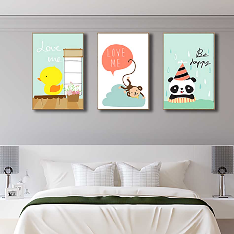 Bộ 3 tranh canvas trang trí phòng trẻ em Vịt con, Khỉ và Gấu trúc cute - TTE006