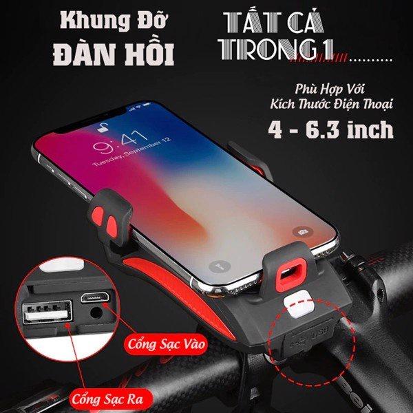 Đèn pin xe đạp thể thao HANBIKE siêu sáng chống nước kèm còi sạc usb có kẹp điện thoại tiện dụng có ảnh thật